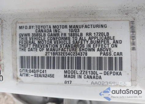 2004 Toyota Corolla Ce from USA, damaged, VIN 2T1BR32E54C234378